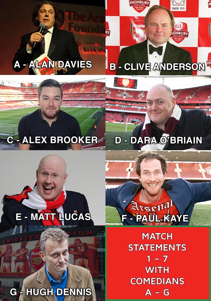 A - Alan Davies B - Clive Anderson C - Alex Brooker D - Dara O'Briain E - Matt Lucas F - Paul Kaye G - Hugh Dennis