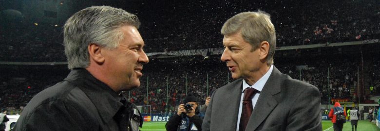 Carlo Ancelotti et Arsene Wenger - Milan AC / Arsenal - 04.03.2008 - Champions League C1 - Huitiemes 1/8 - Foot Football - largeur attitude coach entraineur entraineurs fairplay fair play poignee de main accolade