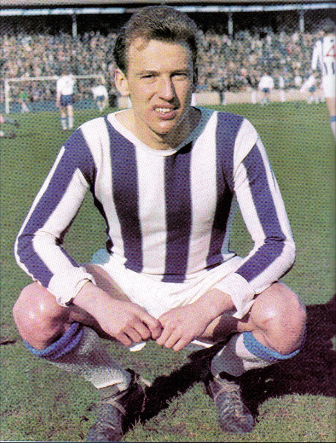 Bob in his younger days in the blue and white striped of Huddersfield Town
