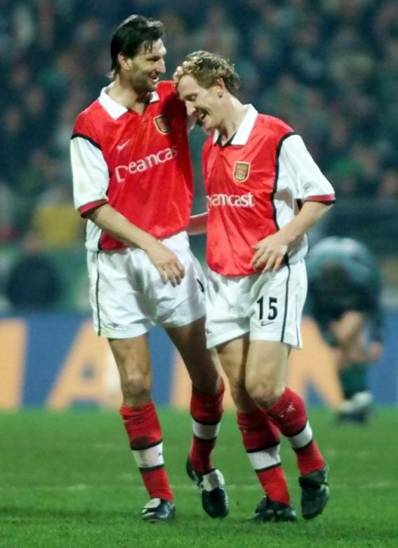 Ray celebrates a goal with his mentor and drinking partner Tony Adams